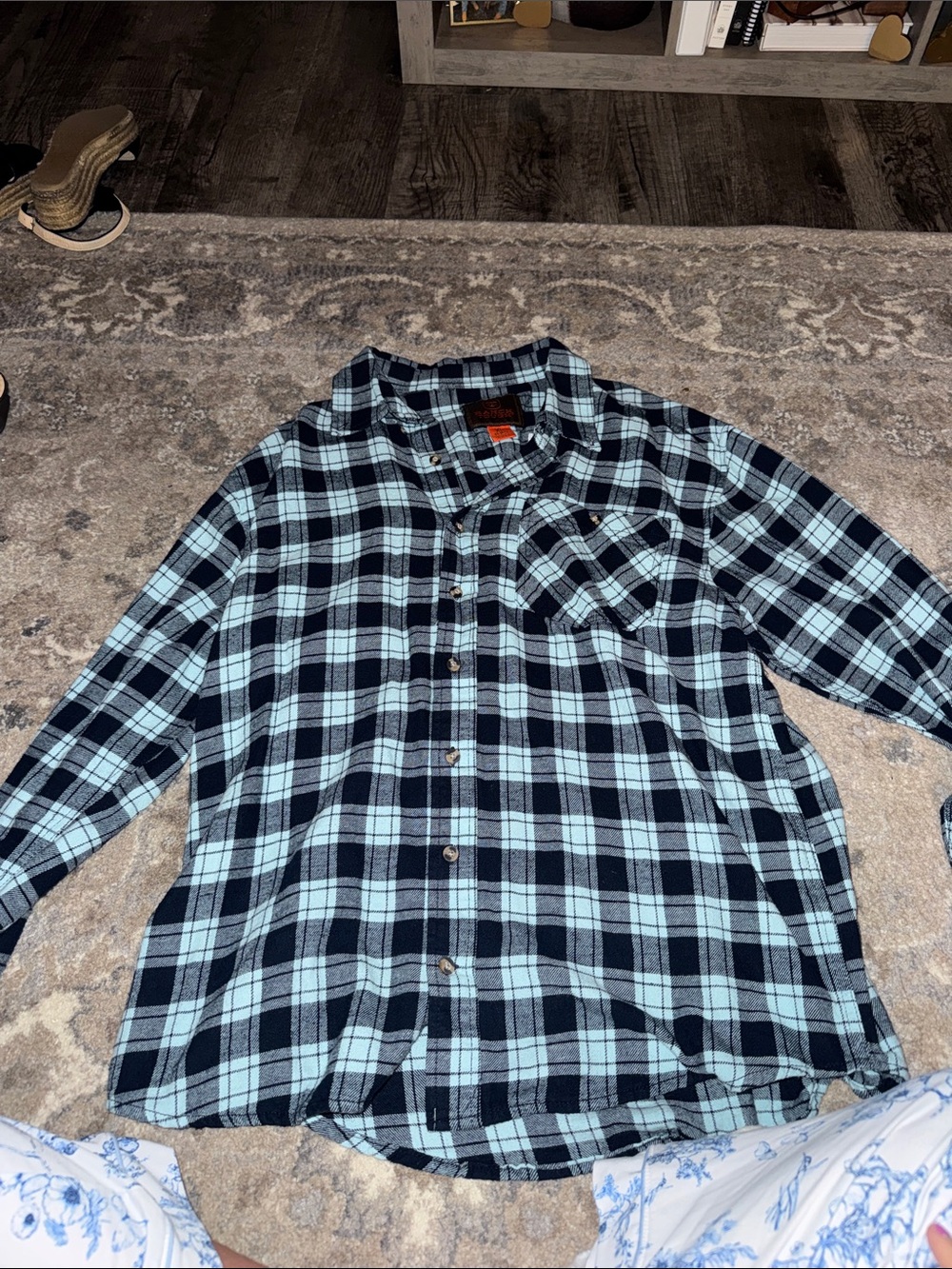 Men's Black and Light Blue Plaid Button-Down Shirt
